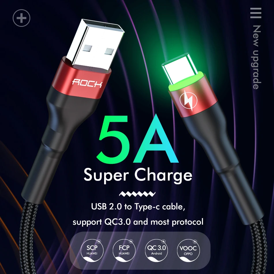 ROCK 5A Metal Led Light USB Type C Cable For Xiaomi Redmi Samsung OnePlus Huawei Mate 20 Pro Fast Charging Data USB C Quick 3.0