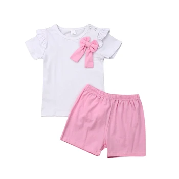 

2019 Summer Newborn Baby Girl Kid Bowknot Ruffle Tops+Pink Short Pants Cotton Clothes Outfits