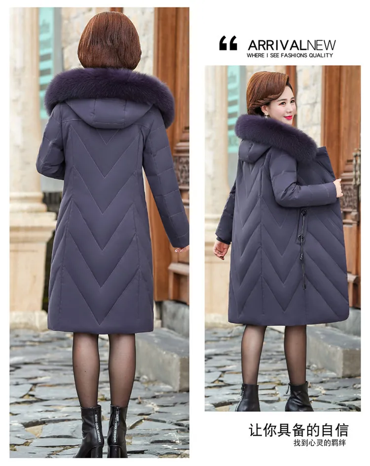 Down Jacket Women's Mid-length Slim Fit White Duck down Thick 19 Winter Hooded Middle-aged Women Dress Warm Coat