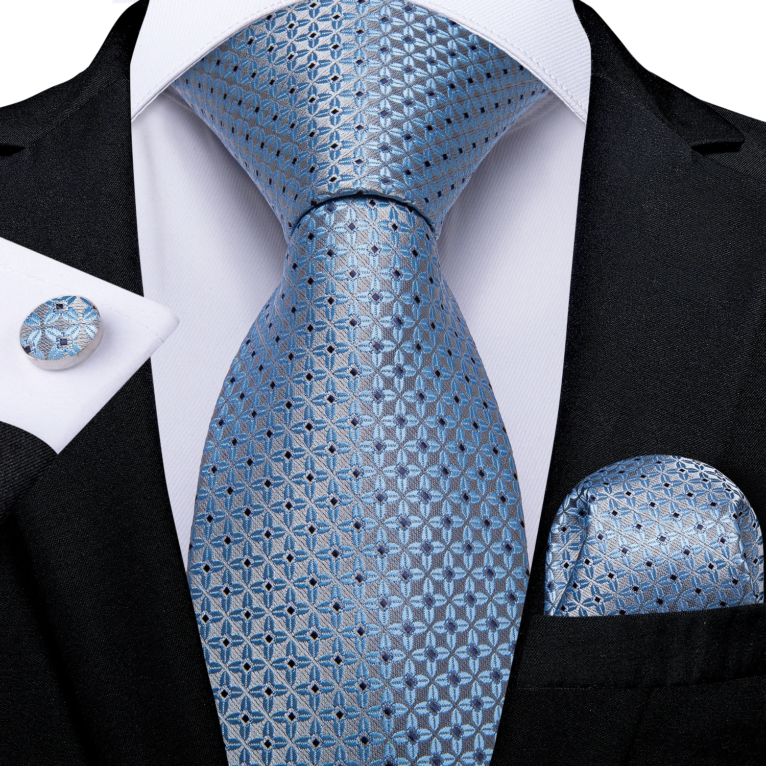 Luxuriöse blaue karierte Krawatten für Herren, solide Hochzeitsaccessoires, Krawatte, Einstecktuch, Manschettenknöpfe-Set, Gravatas, Herren-Geschenk von DiBanGu – Detail 12