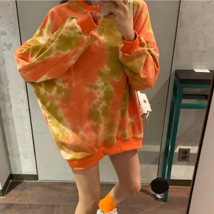 Корейская мода женская одежда весна осень хипстер Harajuku Уличная пуловер толстовки Свободный Повседневный галстук крашение толстовки