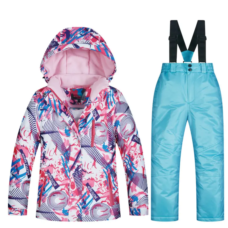 Coat and Light Blue Лыжные куртки для мальчиков и девочек, утолщенные лыжные пальто, ветрозащитные водонепроницаемые теплые детские штаны для сноубординга, зима - Цвет: Coat and Light Blue