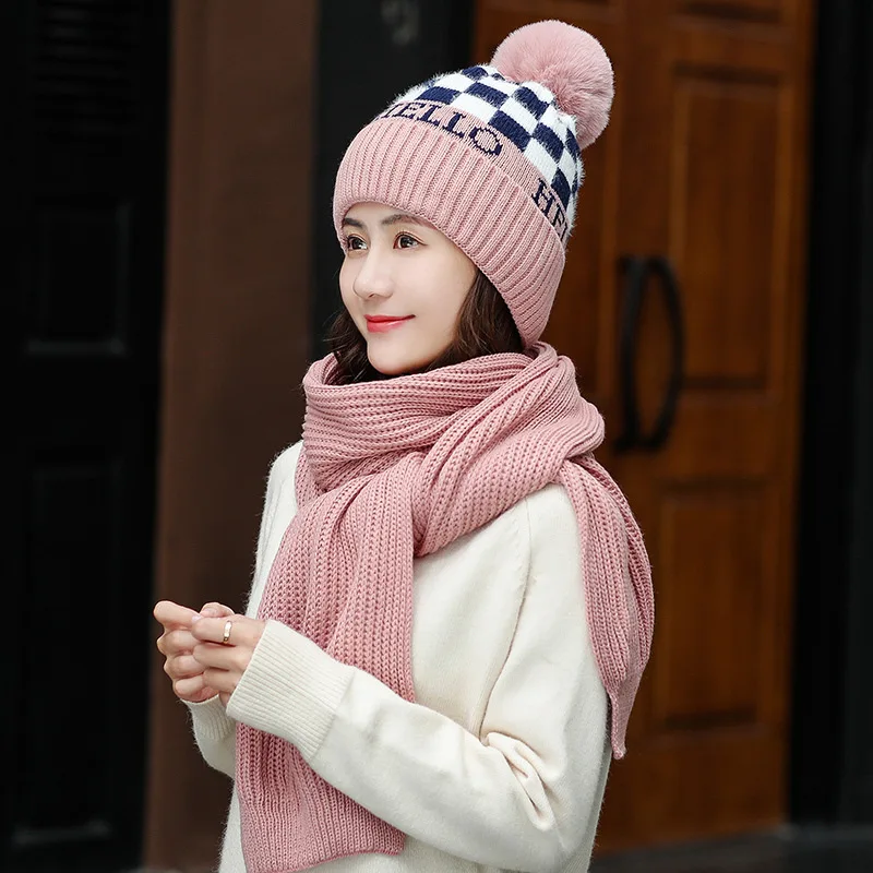 pink Модная зимняя шапка и шарф, комплект для женщин, классические толстые шерстяные шаровары с помпонами, зимние тёплые шарфы, Шапка-бини - Цвет: pink