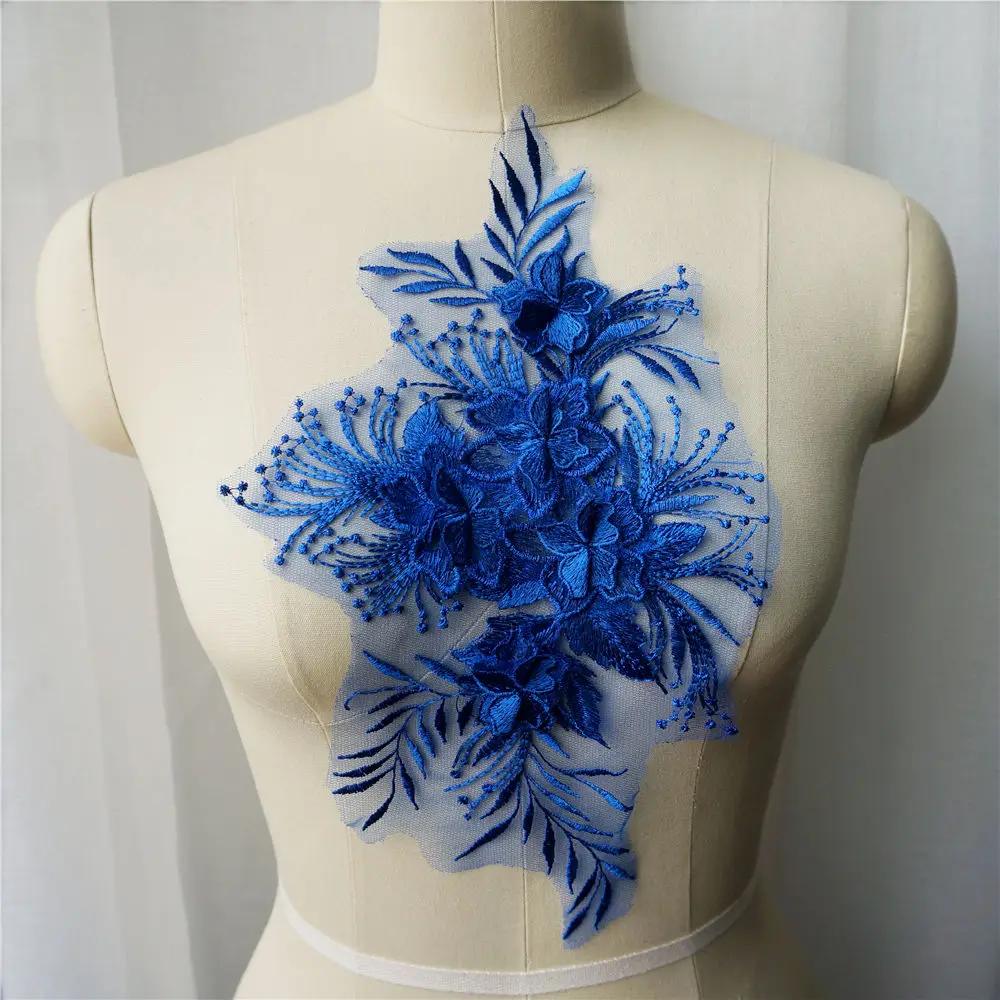 

Royal Blue Lace Fabric 3D Flower Tassel Wedding Gown Appliques Embroidered Collar Mesh Sew Patch For Dress DIY Decoration