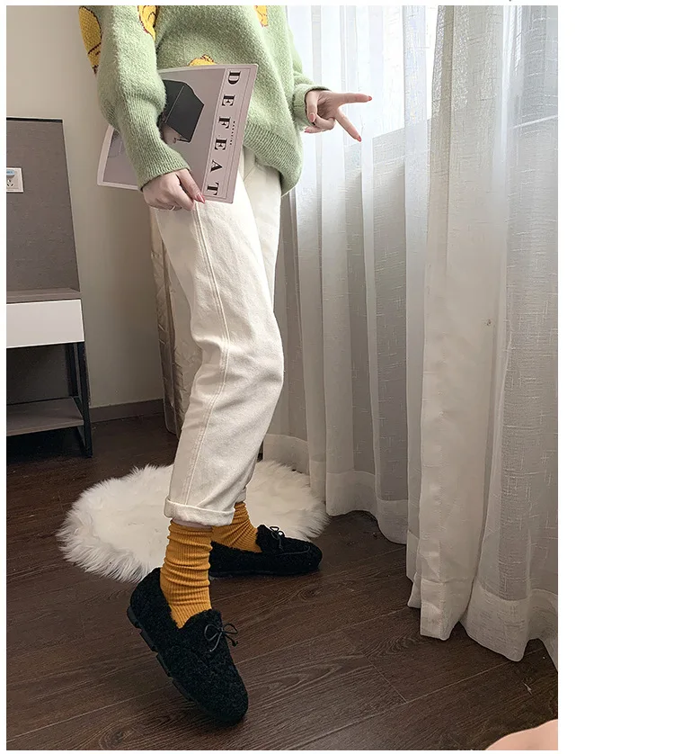 Plush Loafers Ballets Flats Shoes Woman Winter Flock Solid Moccasins Slip-Ons Peas Plush Egg Roll Flats Footwear