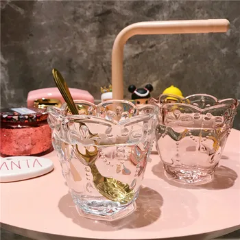 

New Pattern Embossed Glass Cups Pink Transparent Lead-free Glass Breakfast Cup Milk Cup A