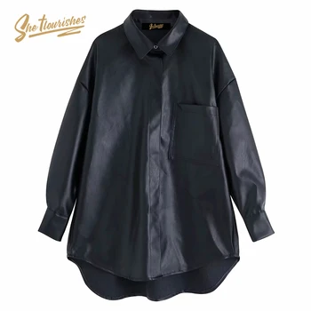 

Sheflourishes Womens Oversized PU leather Blouse Shirt Faux leather Womens tops and blouses Womens loose Shirt Top Black SFA3a