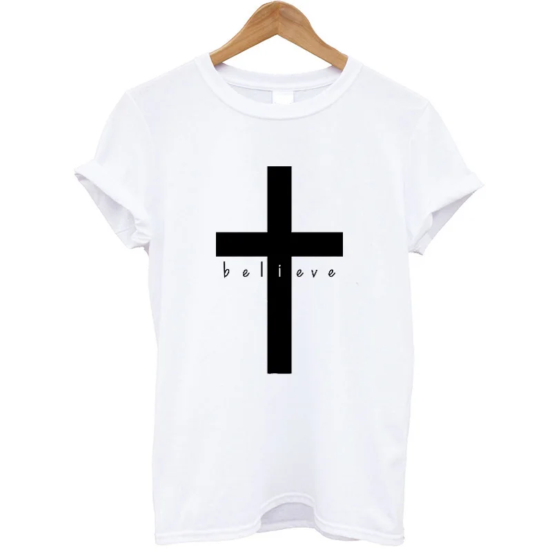 Женские забавные летние топы с коротким рукавом и круглым вырезом, футболка "Вера", одежда с христианским Иисусом, женская футболка, Женская хлопковая футболка