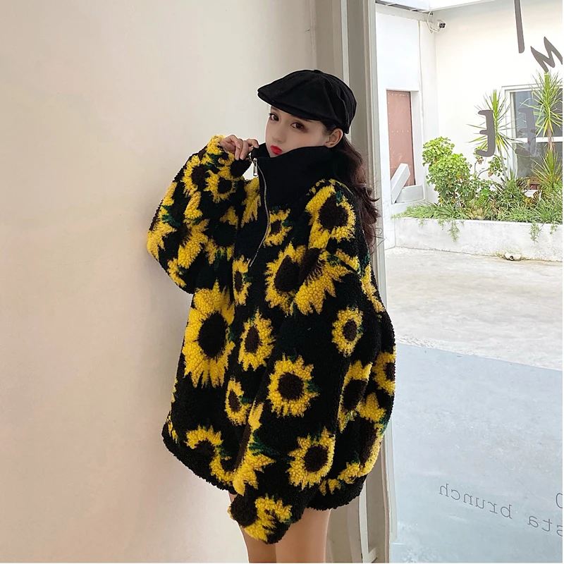 Толстовка Neploe из искусственной овечьей шерсти с капюшоном, Подсолнухи, жаккардовые женские толстовки,, Осень-зима, корейский длинный пуловер, джемперы 55532