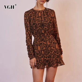 

VGH Print Hollow Out Dress For Women O Neck Long Sleeve High Waist Slim Vintage Mini Dresses Female 2020 Autumn Fashion New