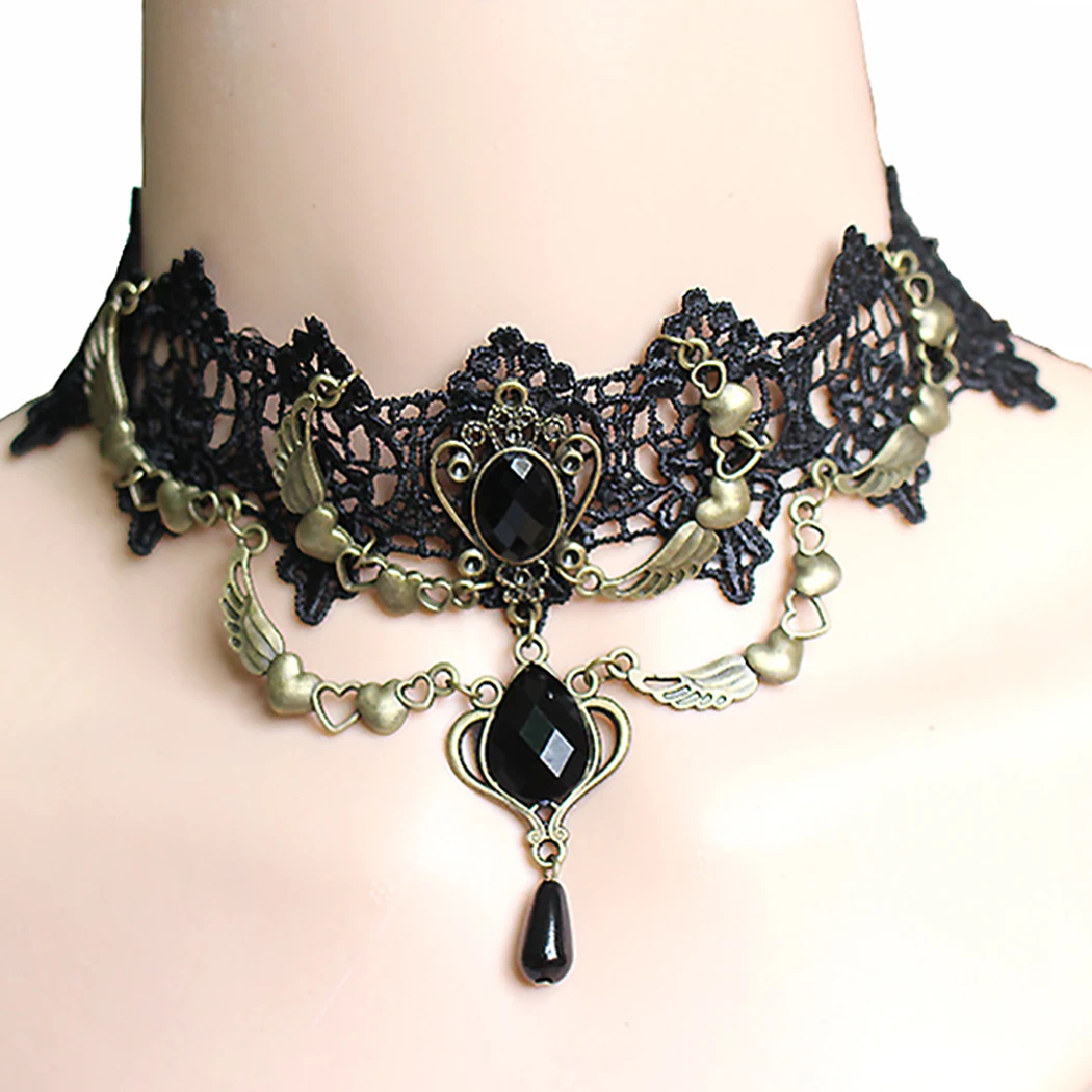 Сексуальные Collares Чокеры в готическом стиле кристально черное кружевное ожерелье, колье винтажное викторианское женское чокер стимпанк ювелирные изделия
