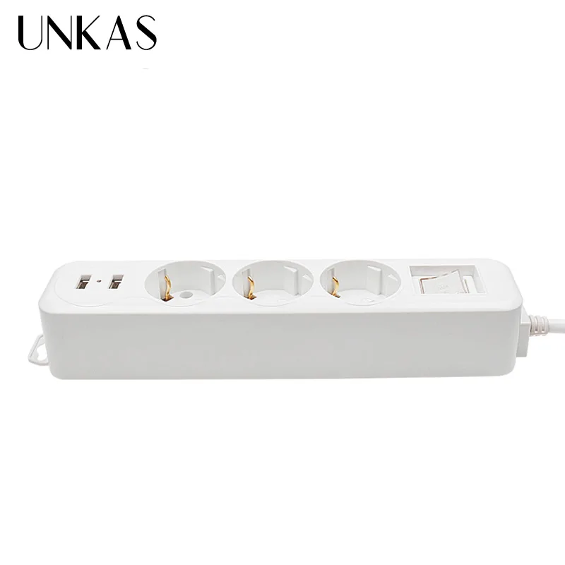 UNKAS, 2 м, провод из чистой меди, блок питания, двойной USB порт зарядки, 3, AC, ЕС, розетка, удлинитель, кнопка питания, защита от перенапряжения