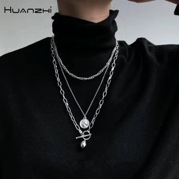 

HUANZHI 2019 New Coin Geometric Ball Pendant Multilayer Silver Plated Metal Long Chain Necklace For Women Party Jewelry