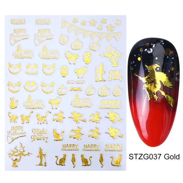 STZG037 Gold 1 шт стикер для ногтей золотой черный Хэллоуин 3D дизайн Фольга Слайдеры для украшения ногтей маникюр вода наклейка советы LASTZG032-040-2 - Цвет: STZG037 Gold