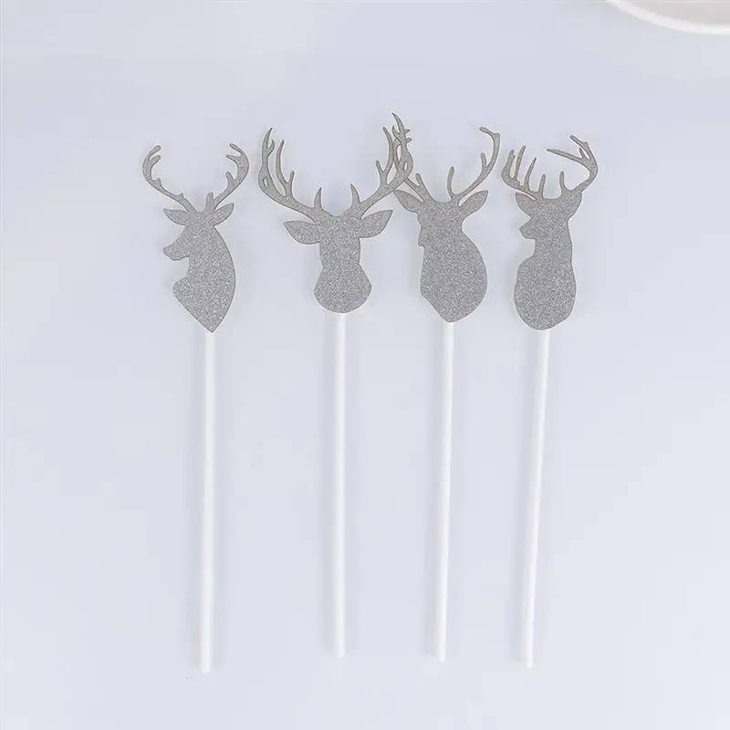 14pcs Cake Toppers Shiny Elk Head Shape Cake Decorations Christmas Wedding Party Dessert Stand Decoration(Purple