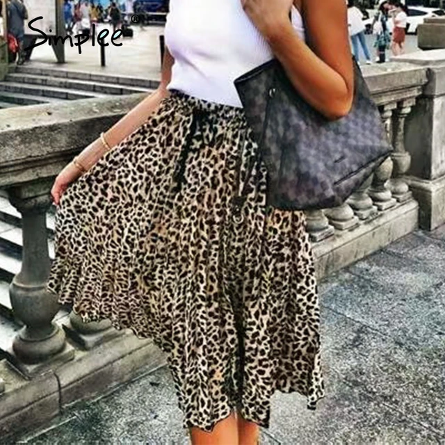 US $14.46 Simplee Vintage leopard print pleated skirts women punk rock korean skirt streetwear Drawstring ela