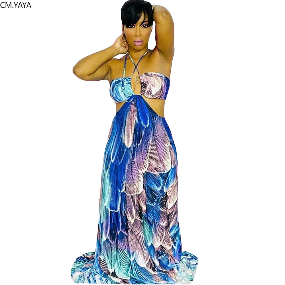 Женское длинное платье макси с принтом перьев летнее пляжное облегающее без