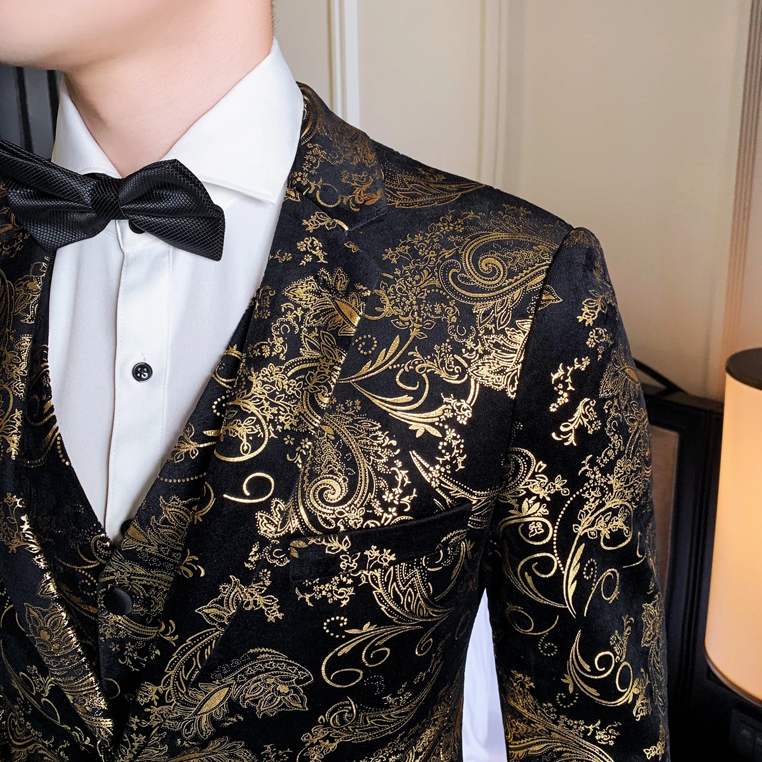 男性用の金色の花柄のスーツ,スリムフィット,ブレザー,ベストと