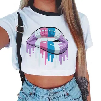 

Summer T Shirt For Women Funny Colors Lips Print Short Sleeve Sexy Crop Top Camisas Mujer Graphic White Tshirt Harajuku T-shirts