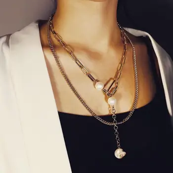 

AENSOA Punk Multi Layer Chunky Thick Pearl Pendant Choker Necklace Women Vintage Metal Link Chain Long Pendant Necklace Jewelry
