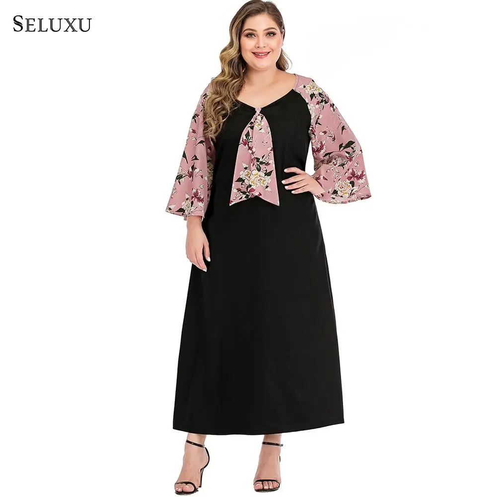 

Seluxu 2019 Fall Autumn Plus Size Women Dress Ptachwork Floral Print Dress Long Sleeve Bow Tie Large Size Elegant Women Dress