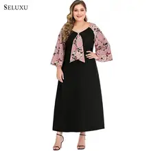 Seluxu 2019 Fall Autumn Plus Size Women Dress Ptachwork Floral Print Dress Long Sleeve Bow Tie Large Size Elegant Women Dress