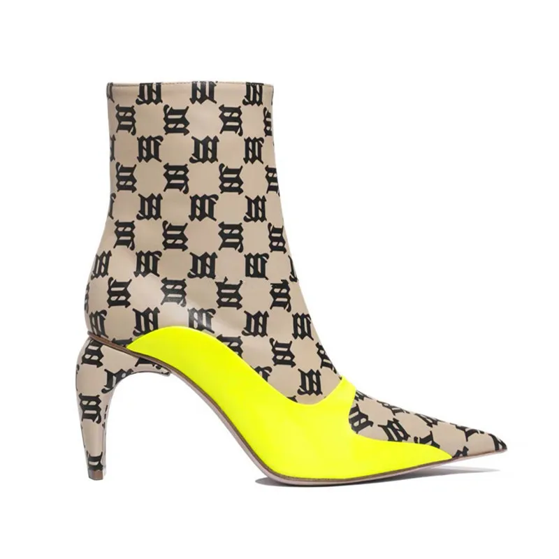 

Fashion Designer Strange Heel Ankle Boots For Women Neon Letter Patchwork Short Boots Women Runway High Heels Shoes Woma2019