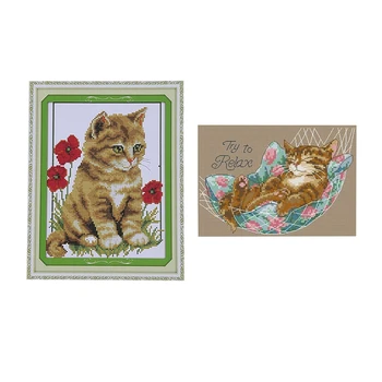 

2 Set Cross Stitch Kits Patterns Embroidery Kit 14CT - Cat Lying in a Hammock & Cat and py