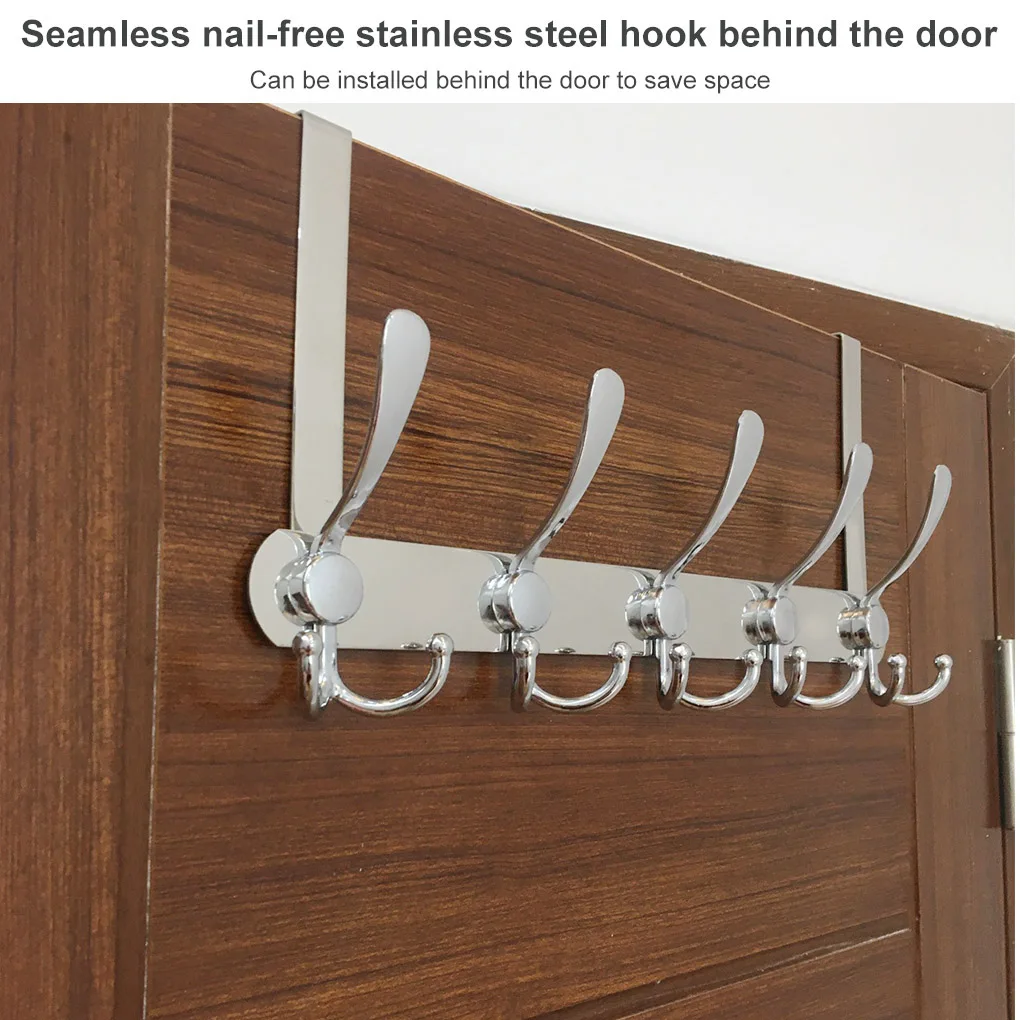 Door Hooks Hanger Holder Wall Mounted Coat Rack Stainless Steel Clothes Bag Hat Hanging Shelf Hooks Over The Door 5 Hooks