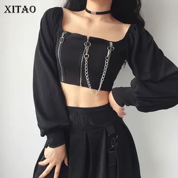 

XITAO Vintage Sheath Backless T Shirt Fashion New Patchwork Full Sleeve Elegant Small Fresh 2020 Spring Loosetee Top DMY2686