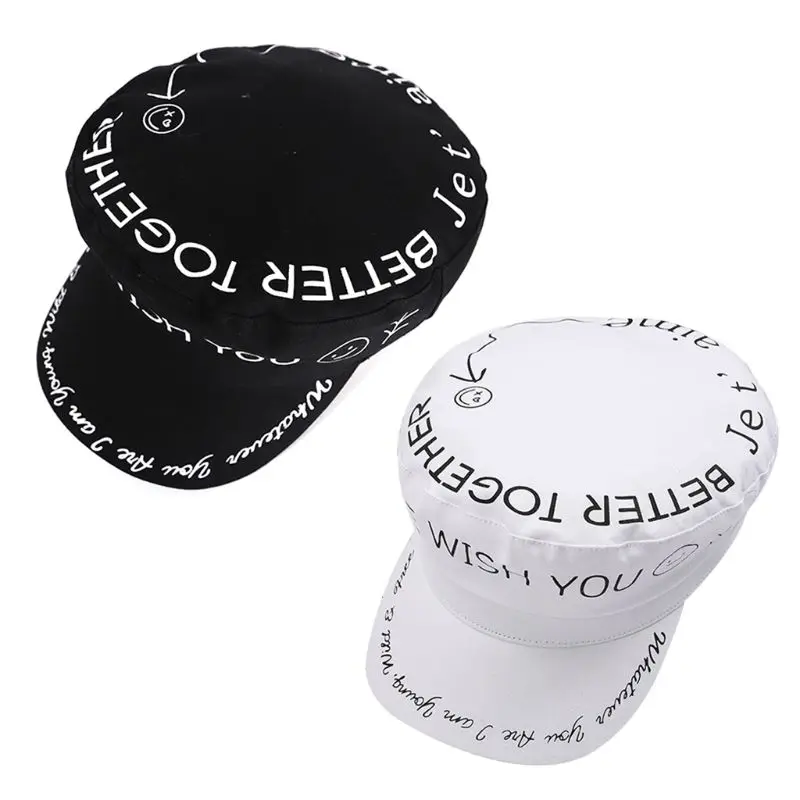 

Japanese Harajuku Retro Flat Beret Cap Women Men Black White Graffiti Letters Smile Face Print Hip Hop Visor Peaked Navy Hat