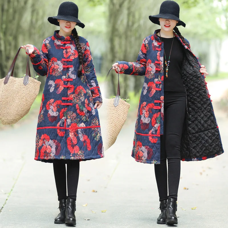 

National Wind Cotton Overcoat 2019 Winter New Style Large Size Mid-length Cotton Linen Thick Quilted Trench Coat Women's
