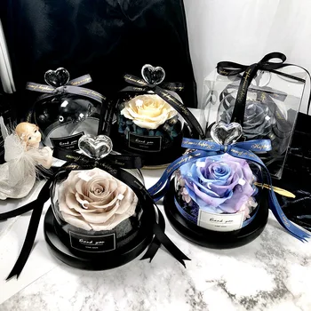 

Mother Day Present The Beauty and Beast Rose Valentines Day Gift Eternal Rose With Night Light in Glass Dome Birthday Gift