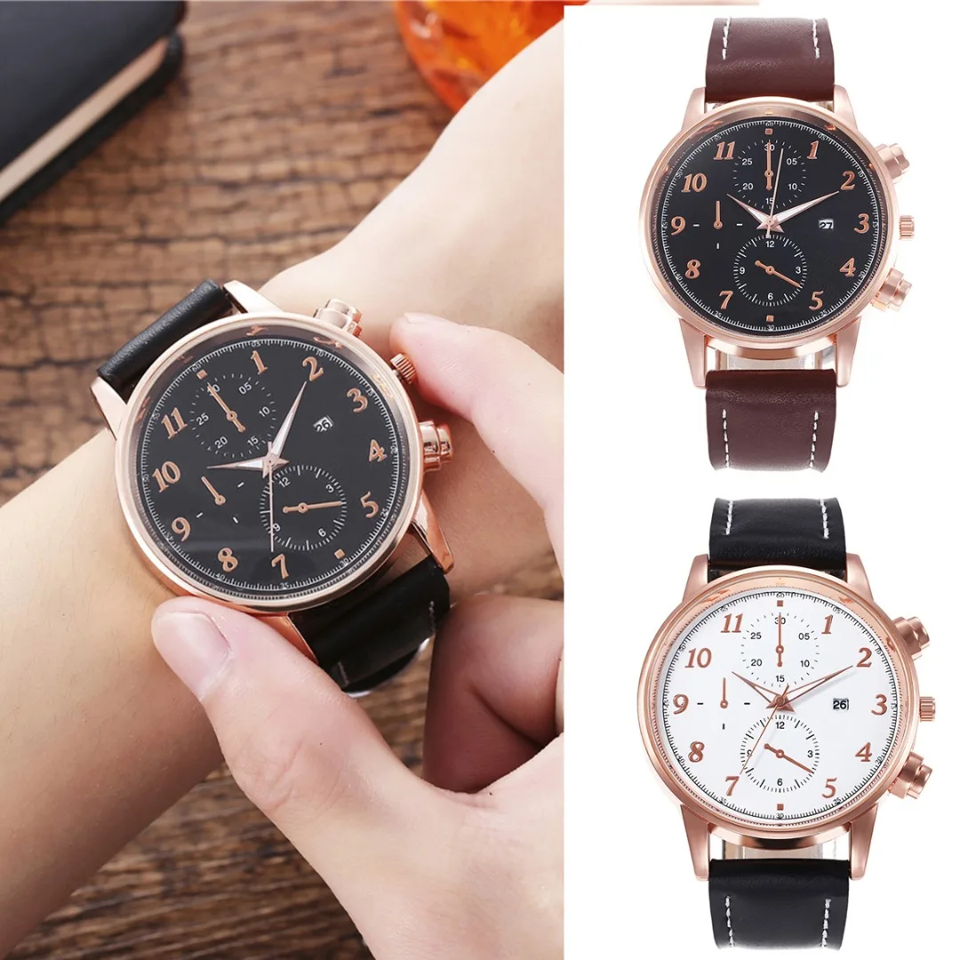 

Quartz Wristwatches Men Simple Famous Brand Rose Gold Calendar Watch Temperament Faux Leather Bracelet Bangle Relogio Masculino