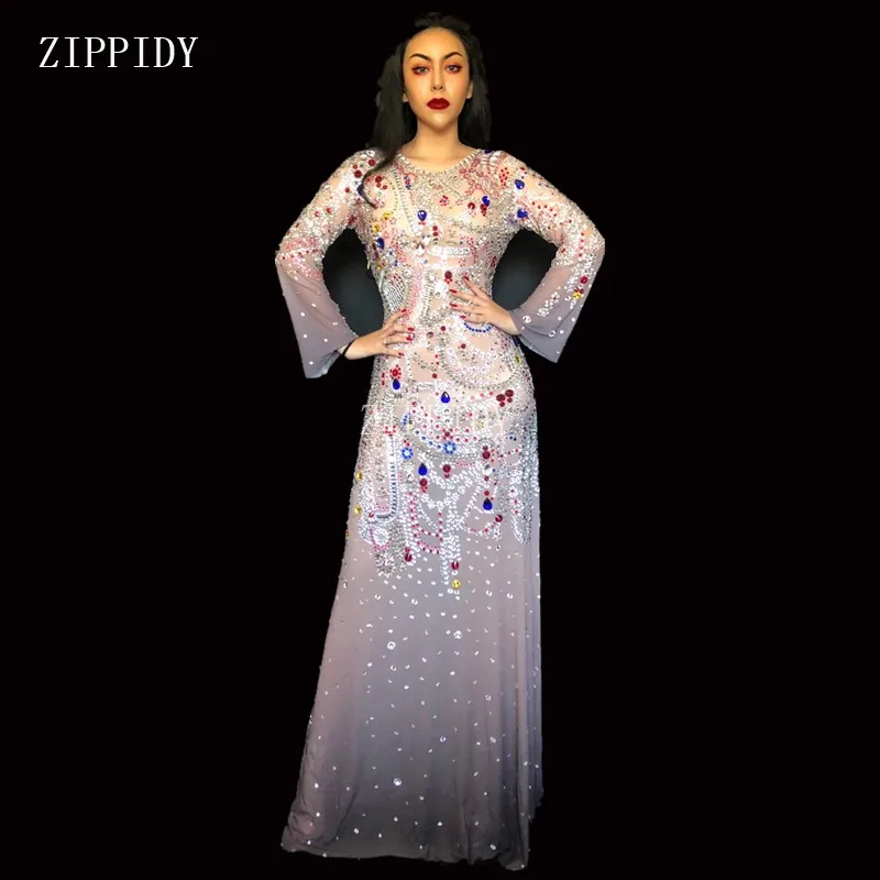 Шикарные стразы на сетчатой основе длинное платье День рождения Празднование свадебное платье для женщин танец выпускного вечера сцена прозрачные платья YOUDU