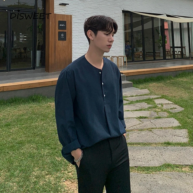 

Solid Round Neck Men's Shirt Korean Loose Long Sleeve Single Breasted Shirt for Boys Simple Slim Top Man 2020