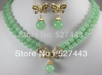 

Hot selling@> Wholesale 2 row Yellow Green Natural stone Round bowknot Necklace Earring Natural jewelry -Bride jewelr