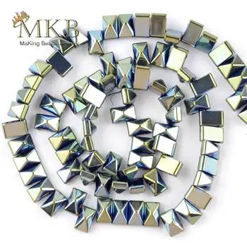 

6*3/6*6/8*4mm Natural Green Pyramid Double Hole Hematite Stone Beads Square Loose Beads For Jewelry Making DIY Bracelets 15"