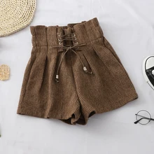 Новые женские шорты, осенние и зимние шорты с высокой талией, одноцветные повседневные свободные плотные теплые прямые шорты с эластичной резинкой на талии