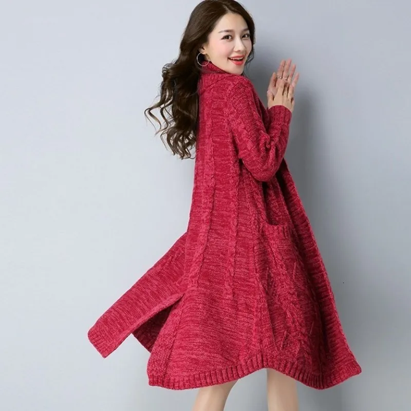 

Fashion Women Medium Long Knitting Cardigan Fall Winter Solid Red Gray Black Plus Size 3XL Loose Long Sleeve Thick Poncho Coat