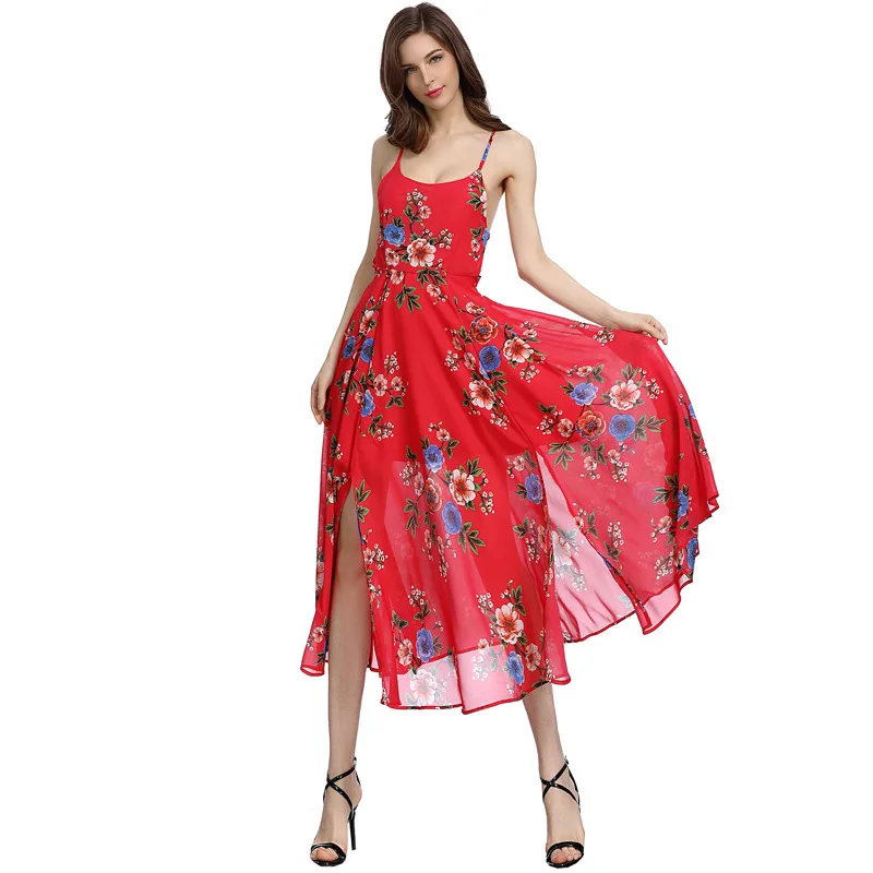 

7607 # Summer New Style Seaside Holiday Camisole Chiffon Backless Dress Bohemian Beach Long Skirts Women's