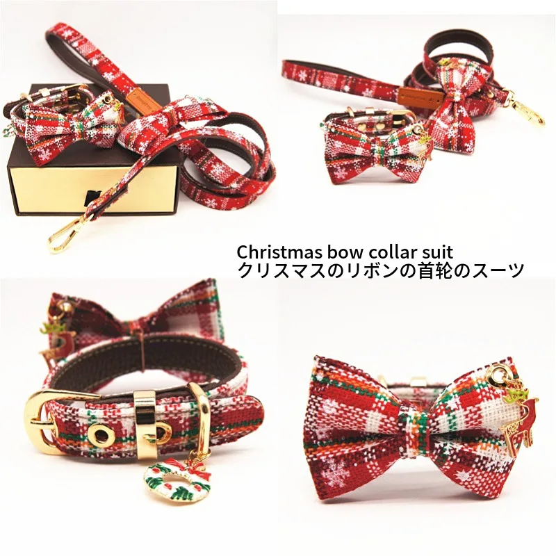 

Cross Border Christmas Pet Collar Cat and Dog Bow Collar Traction Belt Set Supplies Wholesale Dog Accessories Small Dog Leash