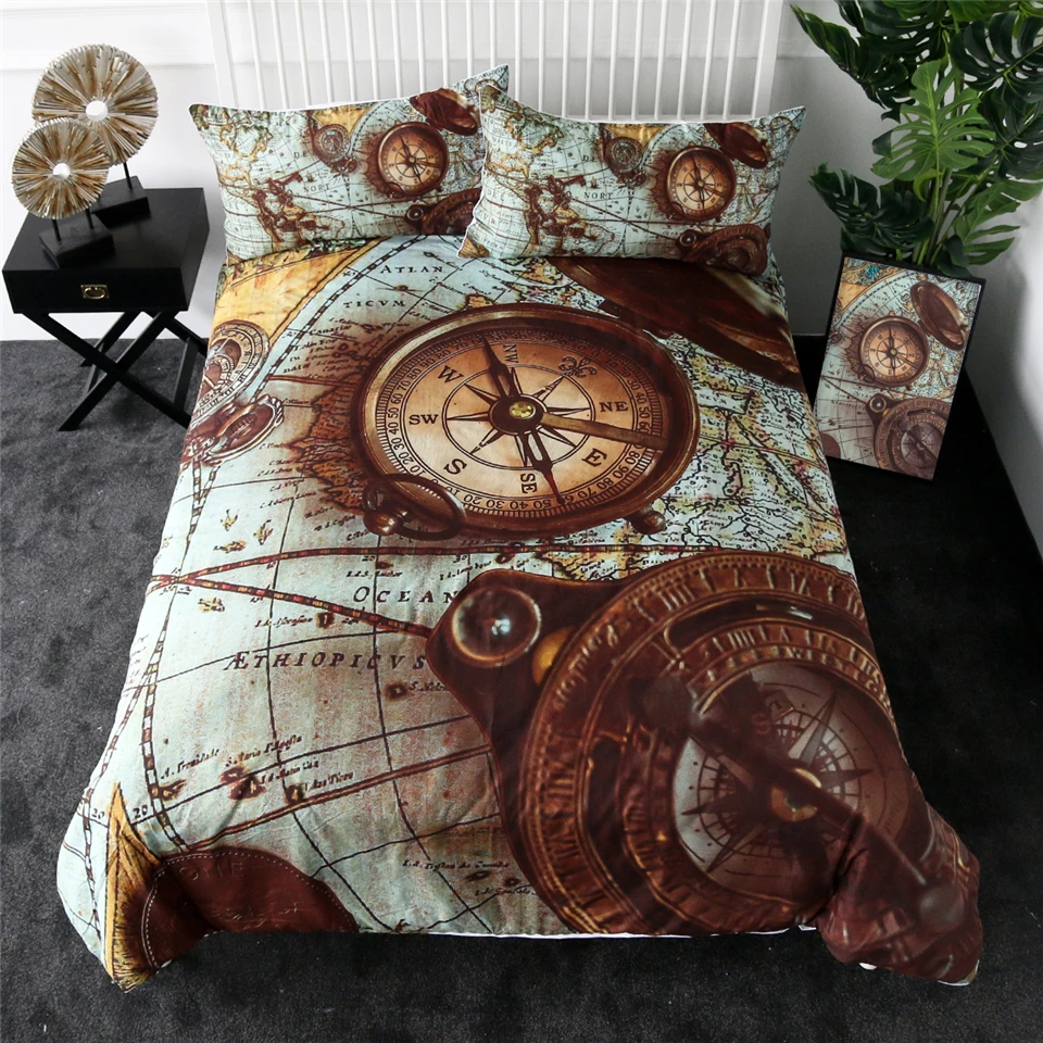 Retro Compass Bedding Sets Key Blueprint Navigation Map Duvet Cover with Pillowcases Kids Adults Home Bedroom Decor Bed Set | Дом и сад