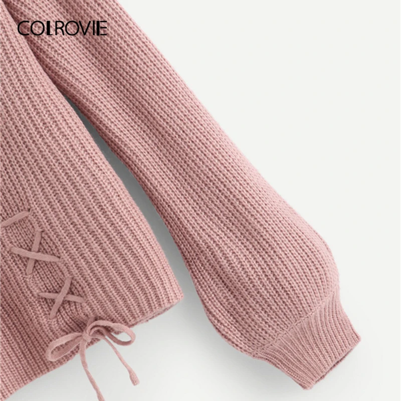 COLROVIE розовый чокер шеи со шнуровкой детальный свитер Женский Повседневный свитер с v-образным вырезом осенний свитер с длинными рукавами женские пуловеры