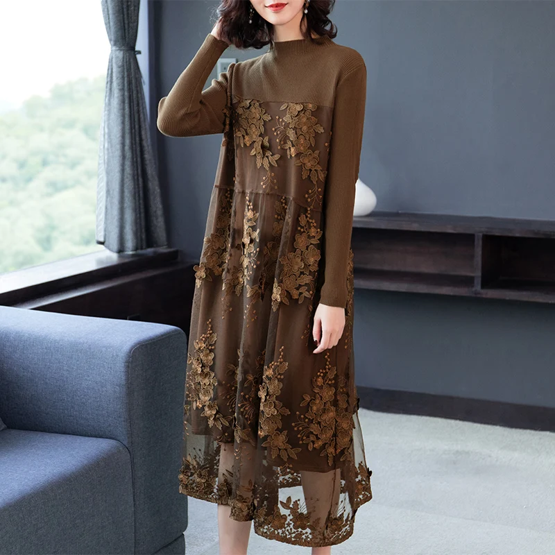 

2020 spring women's fashion plus size knitting stitching lace embroidery dress female vintage large size sweater dress
