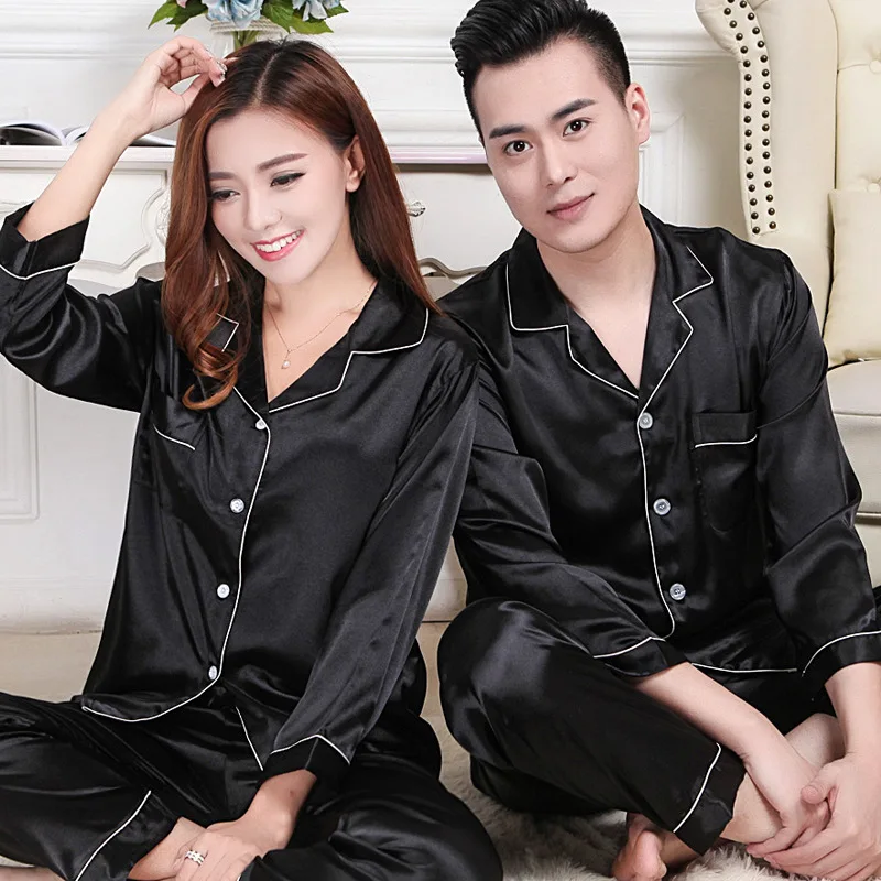 

2018 Spring And Autumn Long-sleeved Black Pajamas Imitated Silk Fabric Silk Fabrics Thin Cardigan Couples BOY'S Women's Viscose