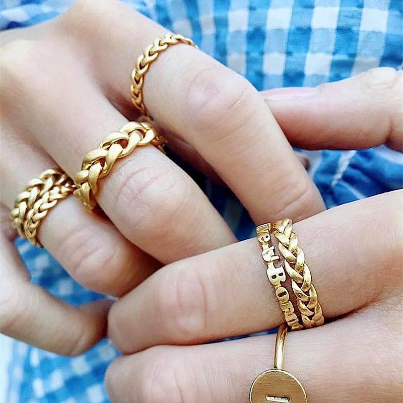 Anillos de dedo de trenzada de oro mate para mujer, conjuntos de anillos chapados en oro de acero inoxidable, joyería 2021 _ AliExpress Mobile