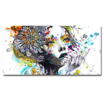 

Modern Canvas Prints Colorful Mosaic Painting Anime Women Art Girl Face with Flowers Wall Art Pictures for Living Room No Frame(