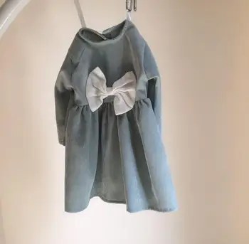 

Spring Girls Corduroy Long Sleeve with Bow Tie Princess Dress Toddler Children Back Button A-line Dresses Baby Kid Fashion Dress