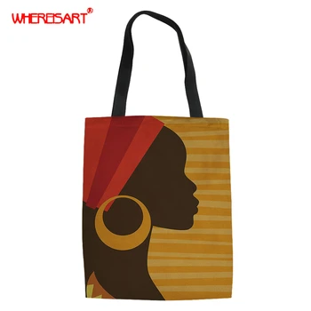 

WHEREISART Women Fashion Yellow Striped Prints Shopping Bags African Queen 2019 Female Shoulder Canvas Tote Bags For Girls